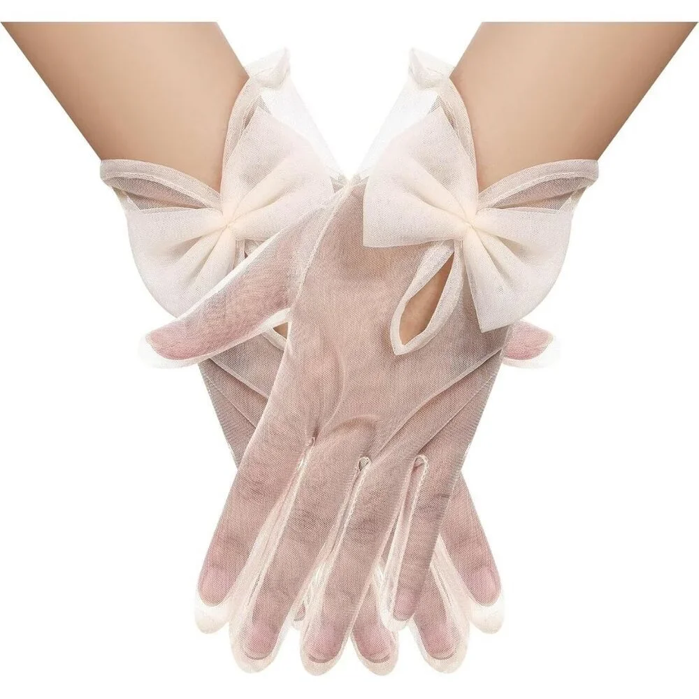 Women's Bow Champagne Evening Tulle Short Length Gloves Wrist Tea Party Prom